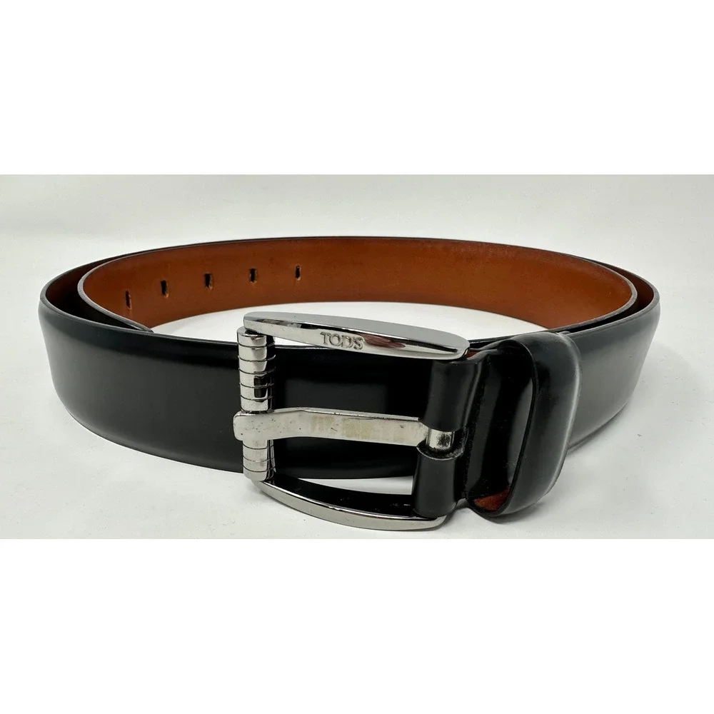 Tods Mens Black Leather Belt Silver Buckle Made in Italy Size 105 US 38